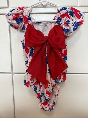 Patriotic Red & Blue Bow One-Piece Swimsuit 4th of July Summer Bathing Suit